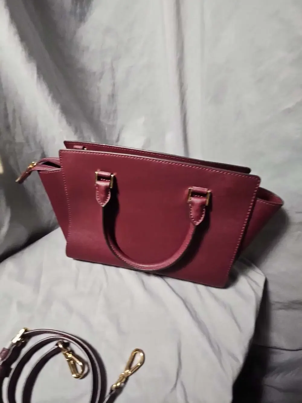 Michael Kors Selma Medium Saffiano Leather Top Zip Satchel in Merlot